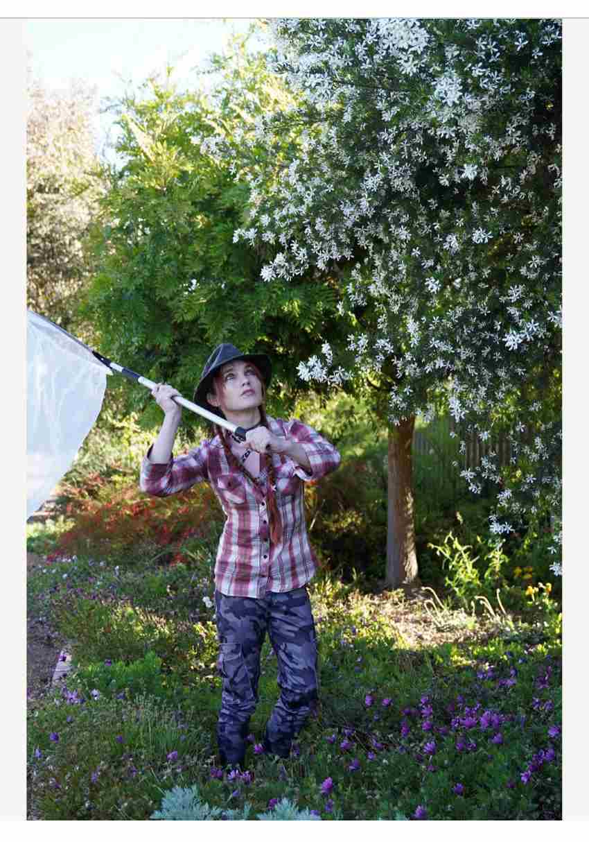 Person with net near flowering tree