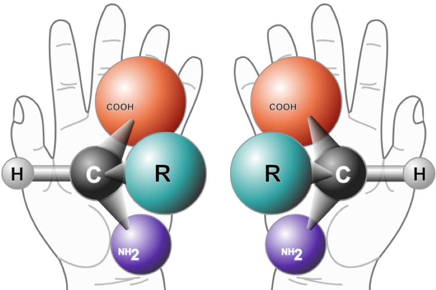 Two hands with two identical mirror image molecules superimposed on top of them