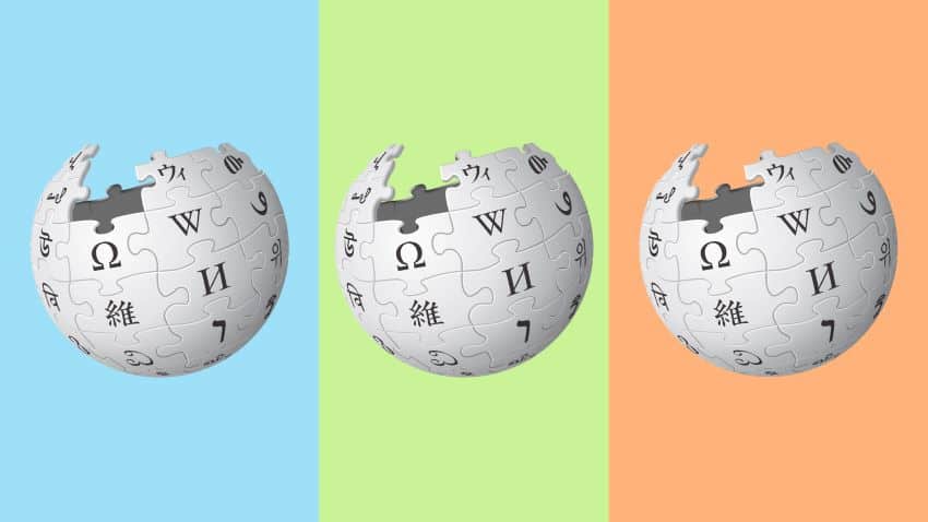 3 wikipedia logos on differently coloured backgrounds