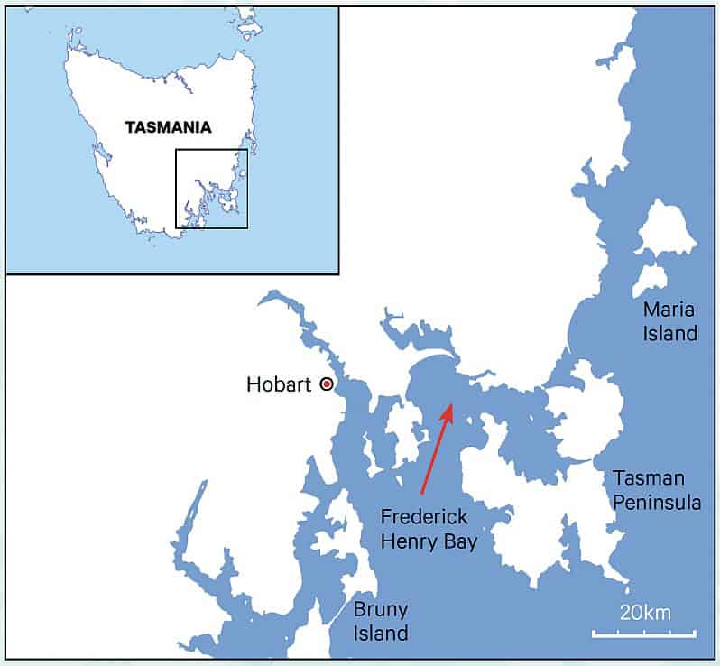 A map of the south western part of tasmania showing the home range of the red handfish.