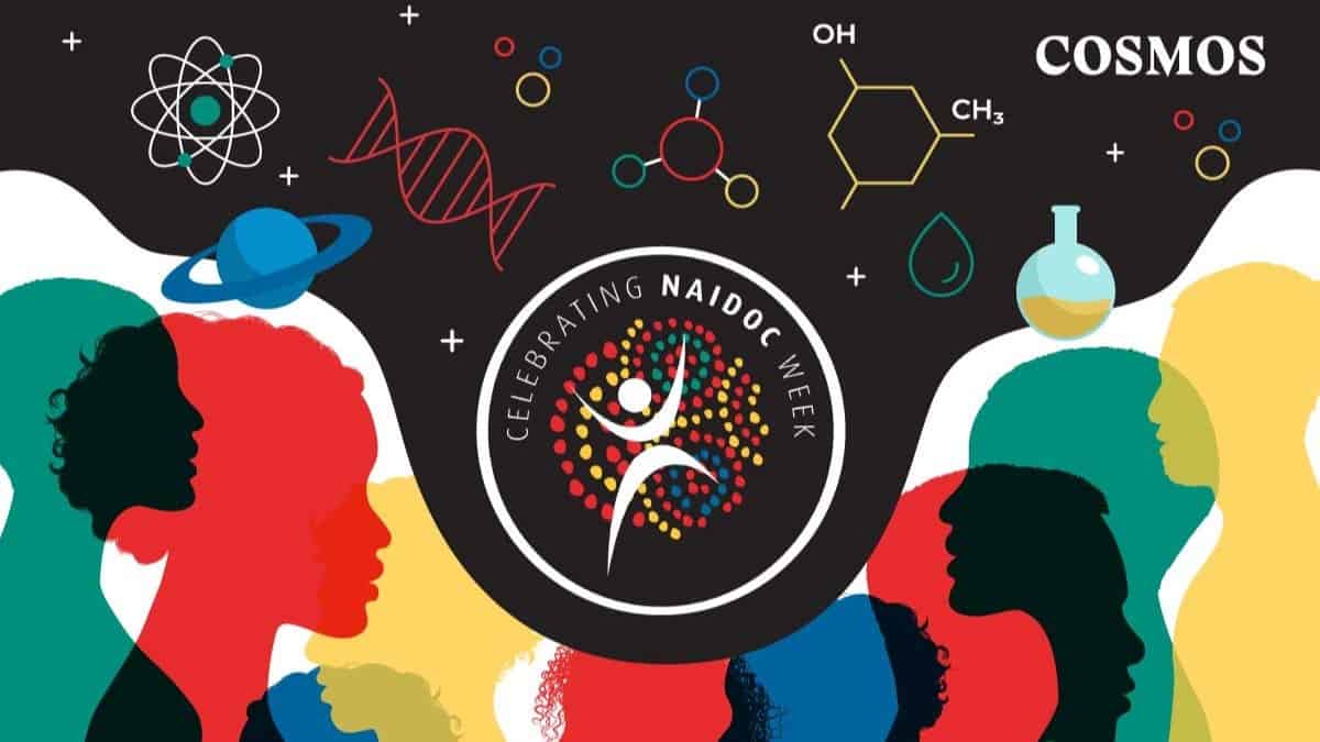 The National NAIDOC Logo sits in the centre of a graphic. It is surrounded by various illustrations of scientific symbols in yellow, reg, green, and blue. Below it are silhouettes of people in the same colours.