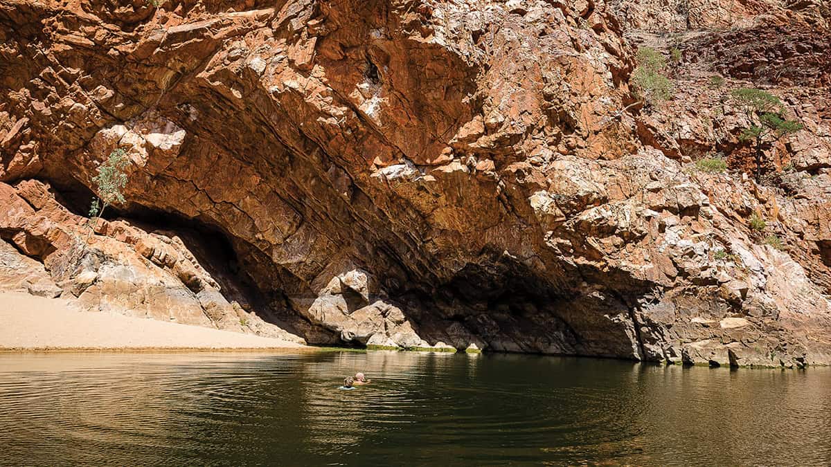 Two swimmers in a swimming hole.