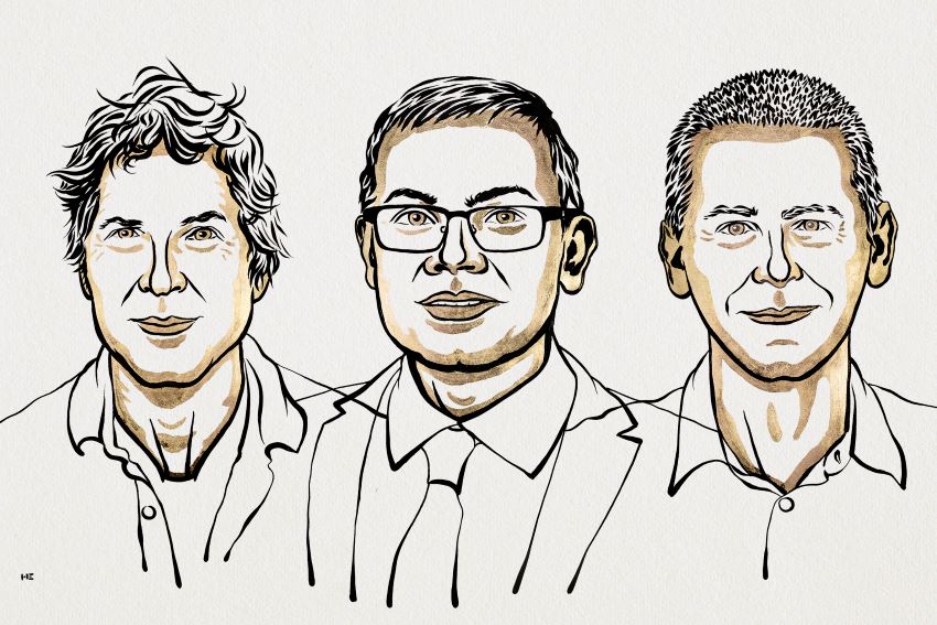 An illustration of 3 men in black and gold ink on a white background.