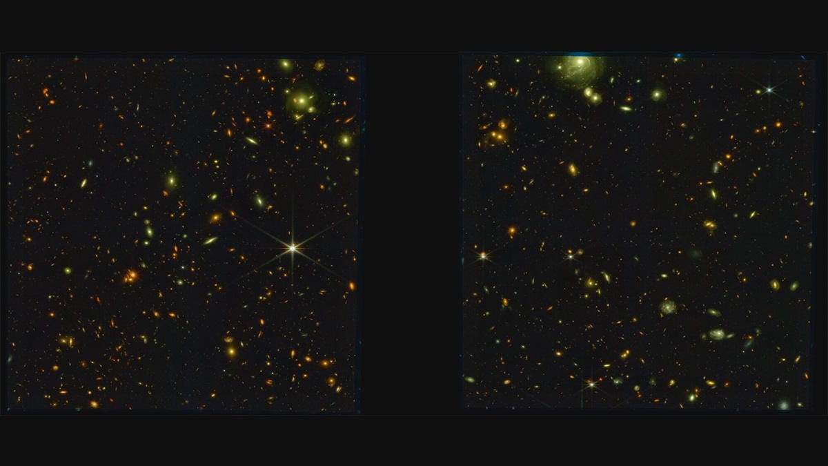 Two images of stars and galaxies on black background