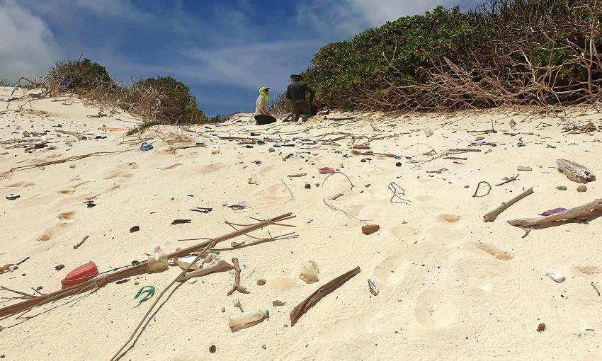 A photograph of a white sandy beach. In the foreground plastic pollution can be seen amongst organic debris, in the background 2 scientists kneel on the sand next to green shrubs,