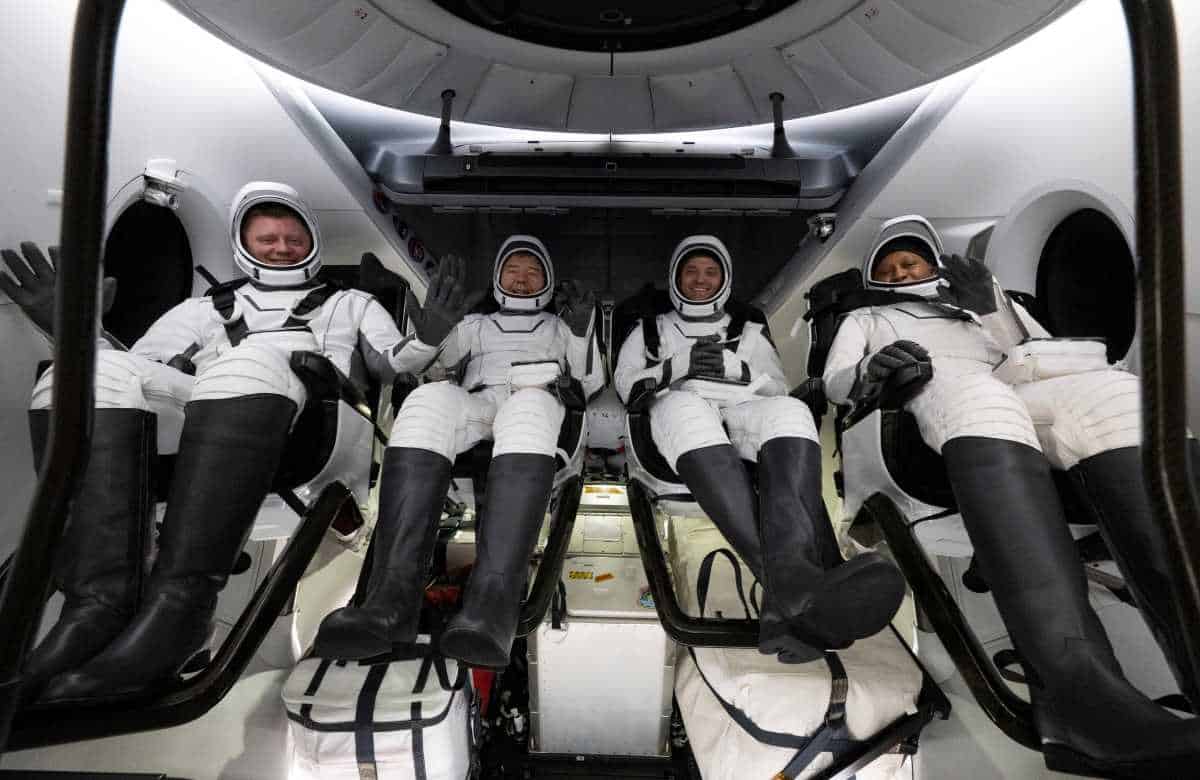 Roscosmos cosmonaut Alexander Grebenkin (L) NASA astronauts Michael Barratt (2nd L) Matthew Dominick (2nd R) and Jeanette Epps (R) are seen inside the SpaceX Dragon Endeavour spacecraft onboard the SpaceX recovery ship MEGAN shortly after having landed in the Gulf of Mexico off the coast of Pensacola, Florida on October 25, 2024. Dominick, Barratt, Epps, Grebenkin (Photo Joel Kowsky/NASA via Getty Images)