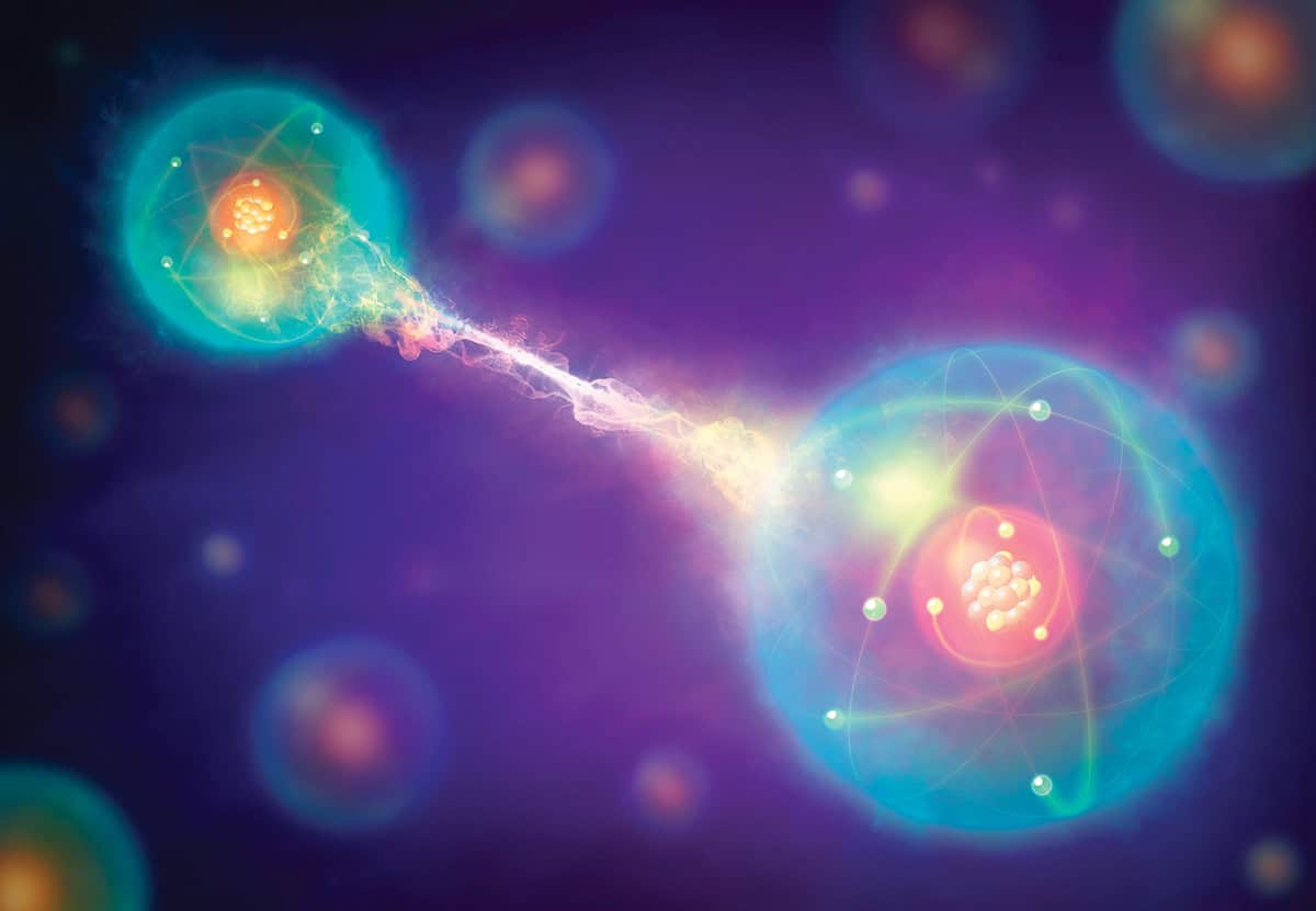 Conceptual artwork of a pair of entangled quantum particles or events (left and right) interacting at a distance. Quantum entanglement is one of the consequences of quantum theory. Two particles will appear to be linked across space and time, with changes to one of the particles (such as an observation or measurement) affecting the other one. This instantaneous effect appears to be independent of both space and time, meaning that, in the quantum realm, effect may precede cause.