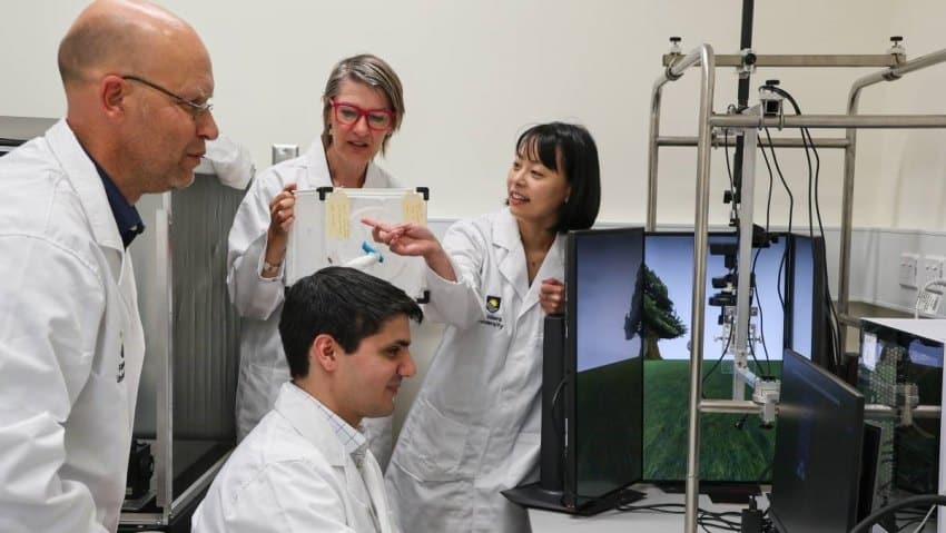 A team of four scientists in a lab setting with the virtual reality arena set up in the bottom right corner.