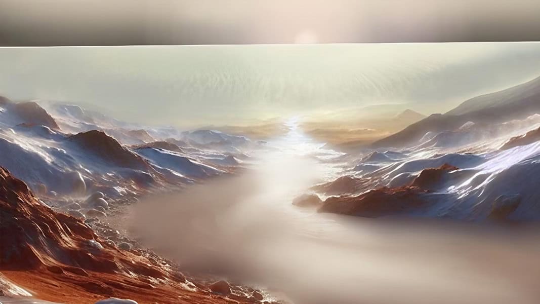 Ancient mars landscape icy river