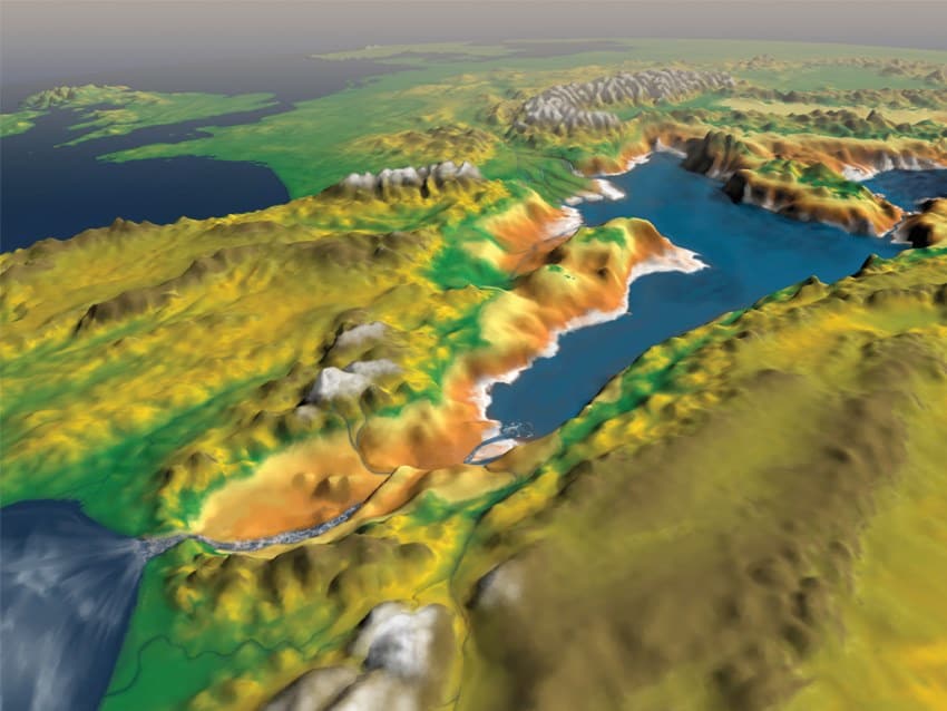 A computer generated image of the mediterranian sea. The depth of the water is much lower than present day.