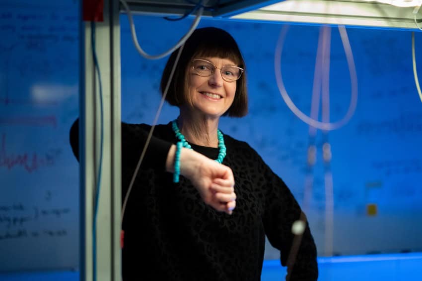 A woman wearing a black jumper and turquoise beaded necklace and bracelet stands in front of a whiteboard with mathematical equations written on it.