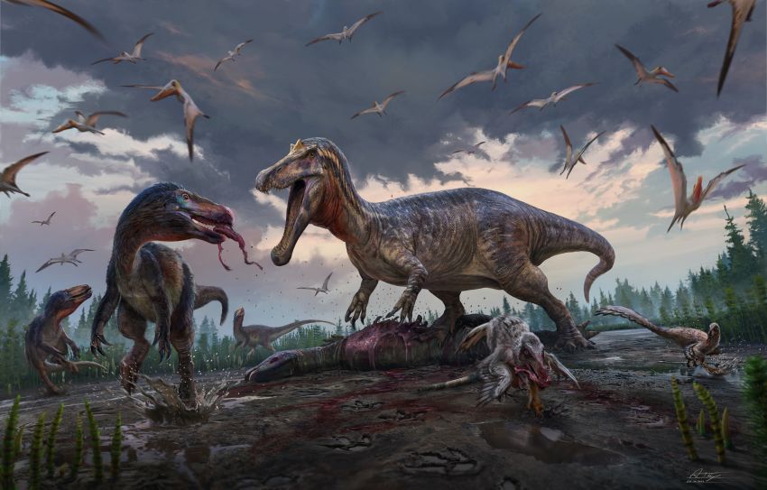 A scene of dinosaurs with a tyrannosaur chasing smaller predators away from a kill.