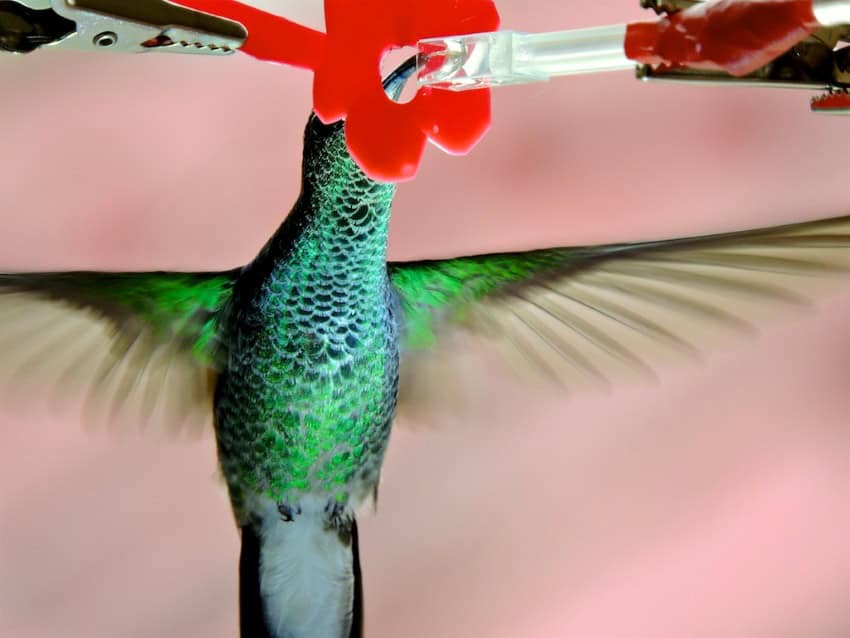 An iridescent green humming bird hovers in front of a bird feeder in the shape of a flower.