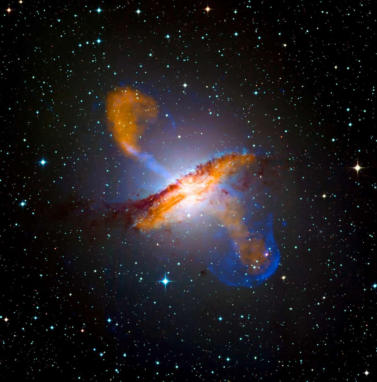 Photograph of a black hole in Centaures A, a prominent galaxy in the constellation of Centaurus. Dated 2009.