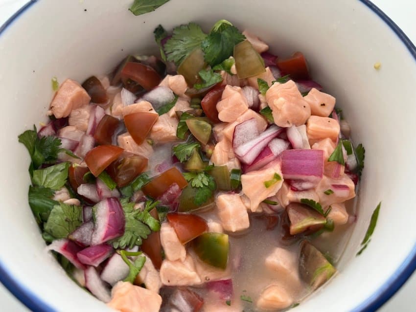 A bowl of pink cubes of fish and vegetables. The finished ceviche.