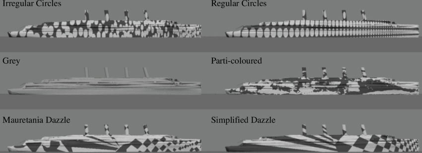 An image of 6 computer generated ship images facing parallel to the viewer. The ships are coloured grey, or black and white patterns of irregular circles, regular circles decreasing in size, splotches, and 2 different versions of the mauretania dazzle with checkers and stripes