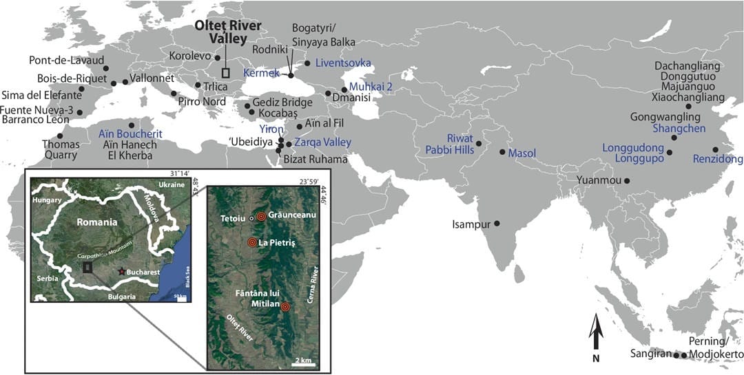 Map of fossil localities showing evidence of hominins in northern africa and eurasia prior to 1. 0 ma
