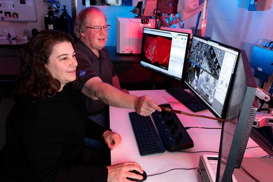 Two scientists examine screens monitors