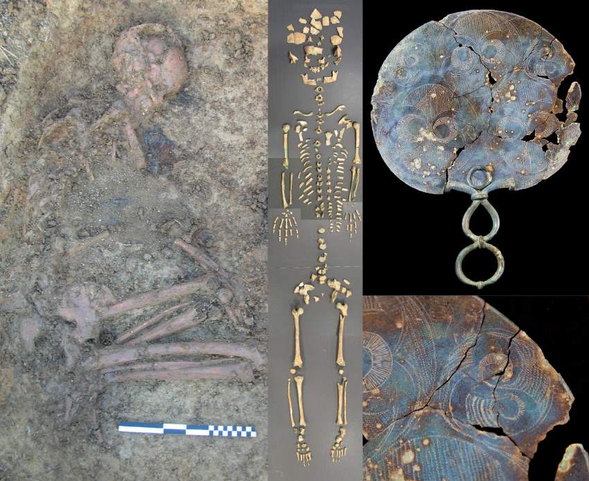 3 images. One of a skeleton half buried in soil. One of the skeleton laid out on a grey table. One of a rusted metal mirror