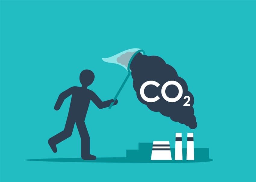 Illustration of a human figure using a butterfly net to capture a cloud of co2 billowing out from a smokestack