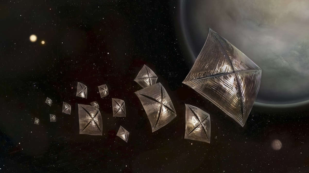 Astronomical illustration of future lightsail spacecraft studying the exoplanets in the centauri system