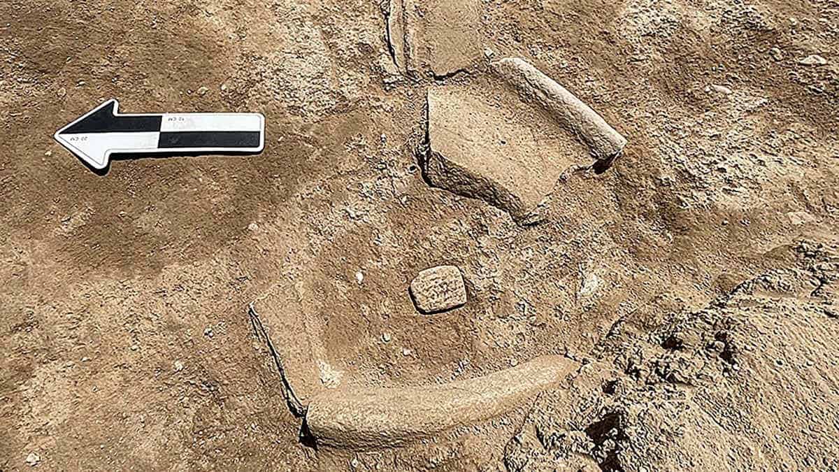 Aerial view of clay tablet in archaeological site