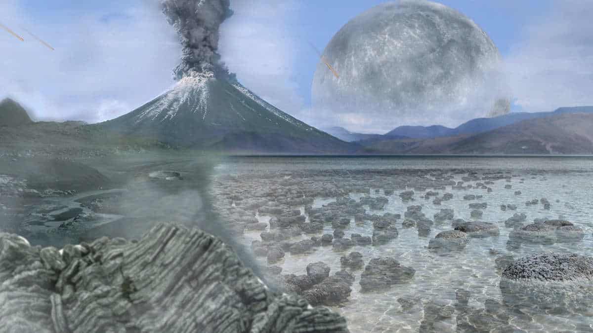 Artist impression ancient earth volcano early ocean large moon