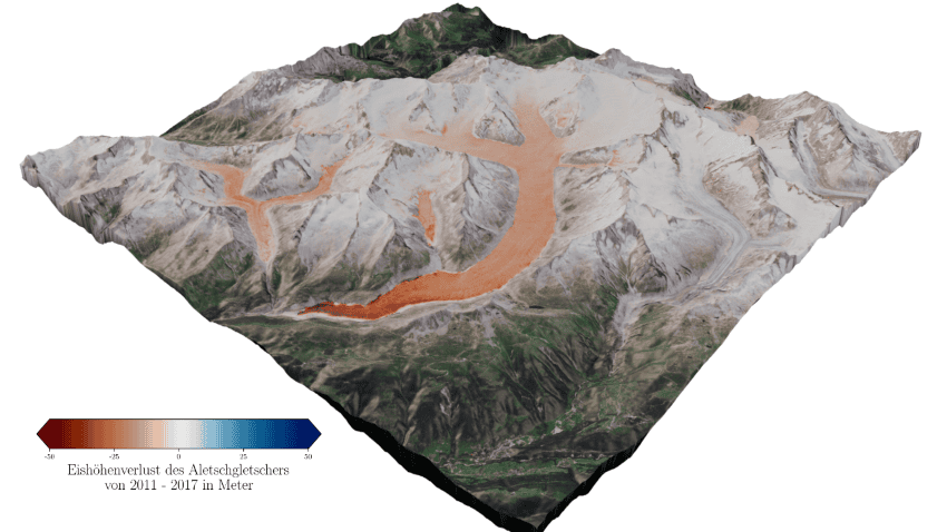 A computer-generated image of a glacier, with certain sections in red where it has lost ice