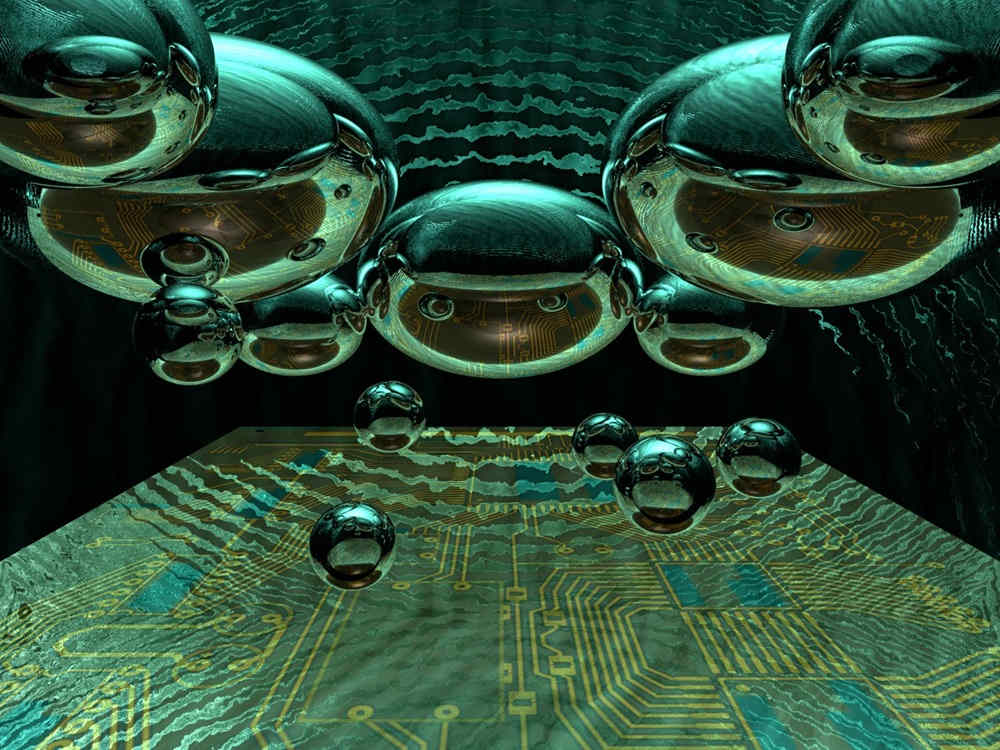 Green bubbles over electrical chip artwork