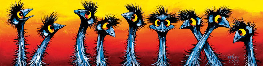 A painting of the heads and necks of 5 emus. The emus have bulbous yellow and orange eyes and are looking in different directions. They are against a gradient from yellow, to orange, to dark red.