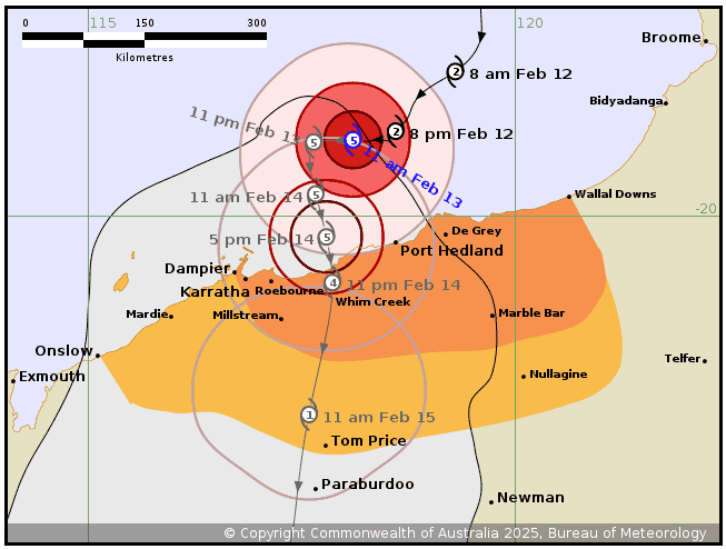 Tropical Cyclone Zelia track map from the Bureau of Meteorology at 4pm on Feb 12, 2025.