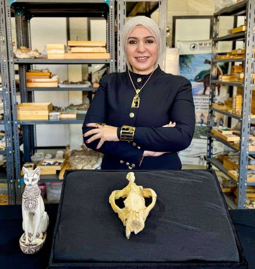 A female palaeontologist stands in front of the skull of the predator bastetodon.