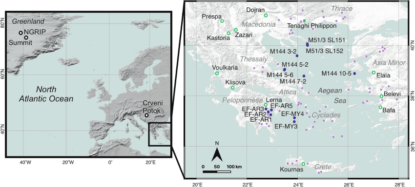 A map showing the location of the aegean sea in the eastern mediterranean sea and another closer map showing the locations of sediment cores throughout the aegean sea region