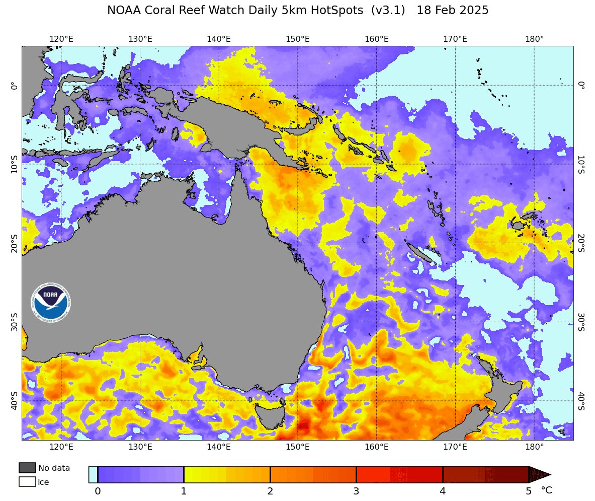 NOAA coral bleaching hotspots 18 February 2025