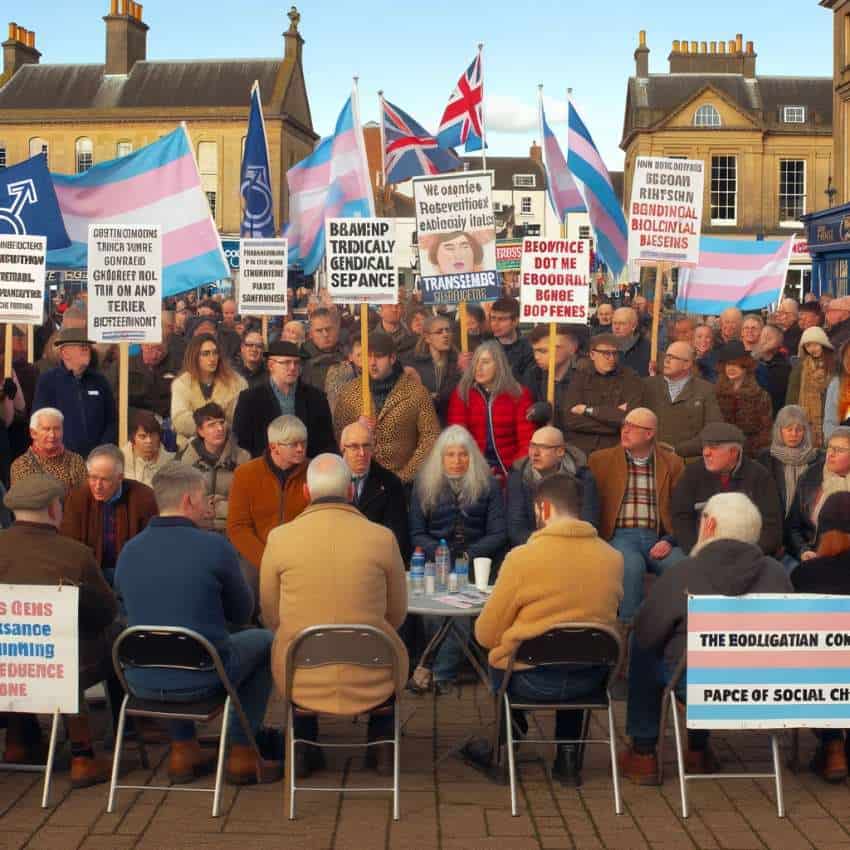 A chatgpt and dall-e created image showing a peaceful protest with lots of transgender flags.