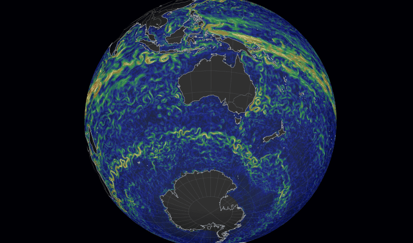 Computer-generated image of the earth showing ocean currents including the acc around antarctica