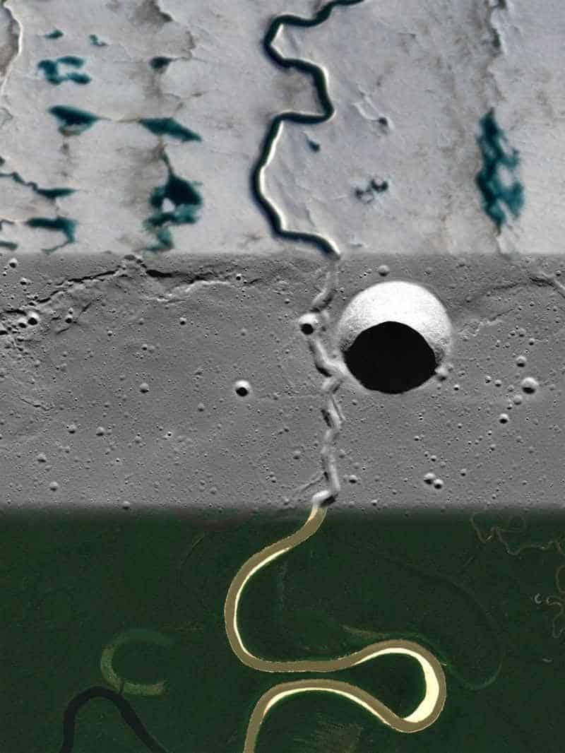 Composite image of river and other channel bends in ice forest and moon