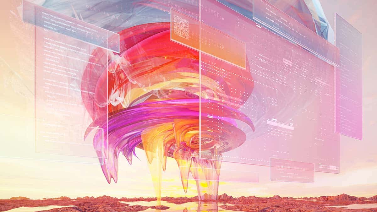 Digital generated image of abstract shape was made using GPT chat codes surrounding it in the middle of desert.