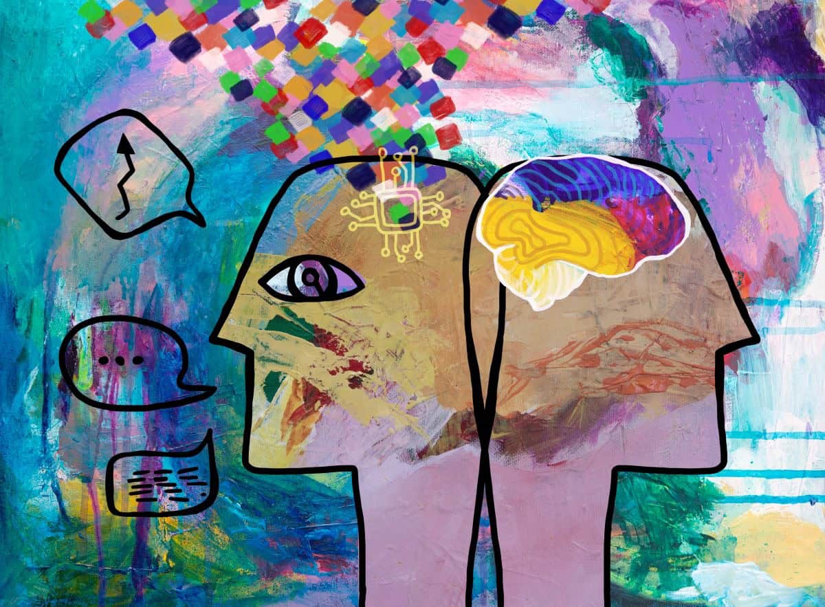 Abstract painting of human and AI Robot heads and brains