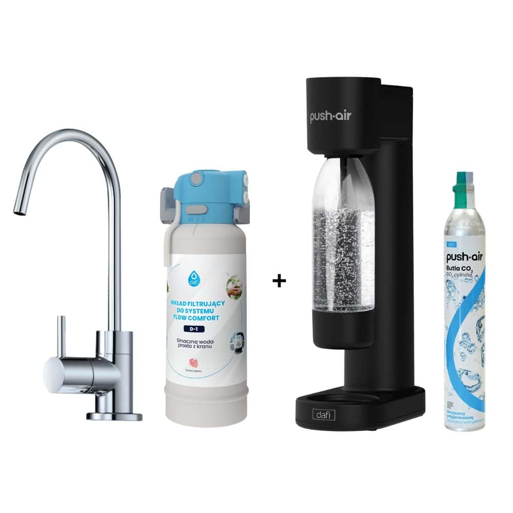 Филтрираща система за питейна вода Dafi FLOW COMFORT + машина за газирана вода Dafi Push Air, черна