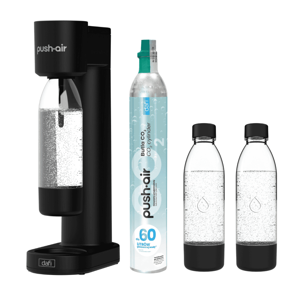 Машина за газирана вода Dafi Push Air, черна + 3 бутилки и цилиндър