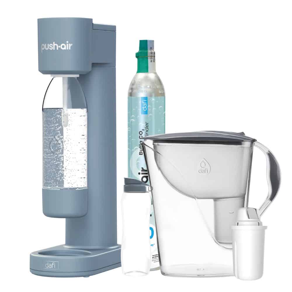 Машина за газирана вода Dafi Push Air, сива + филтрираща кана Dafi Luna и подарък бутилка