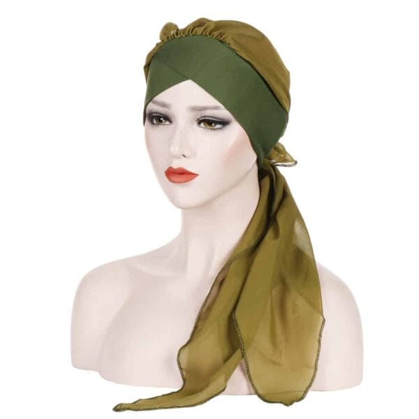 2021 European and American cross Baotou cap Pure color fashion chiffon long tail Baotou cap bonnets