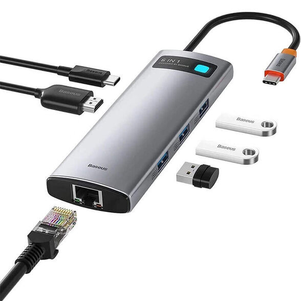 תחנת עגינה BASEUS בחיבור USB TYPE C -6 in 1 – כולל HDMI, רשת GIGABIT, חיבורי USB3.0 וטעינה PD