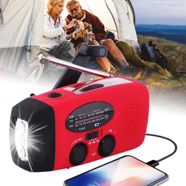 מכשיר רדיו חירום נייד עם סוללת גיבוי ופנל סולארי