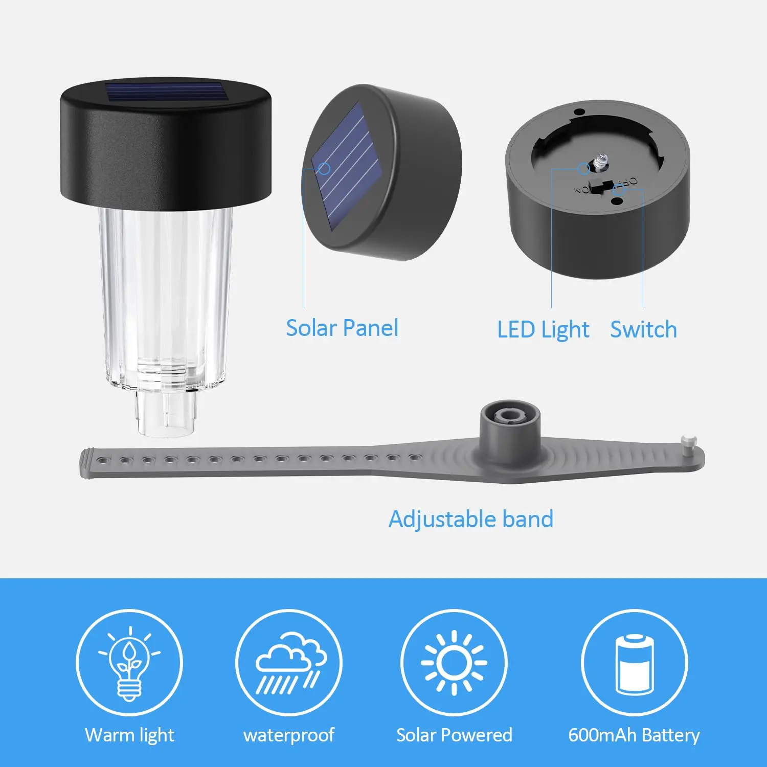 ⁦6 מנורות סולאריות לבריכה מתלבשות בקלות עם רצועה אלסטית חסינות מים עם סוללה נטענת עוצמתית⁩ – תמונה ⁦6⁩