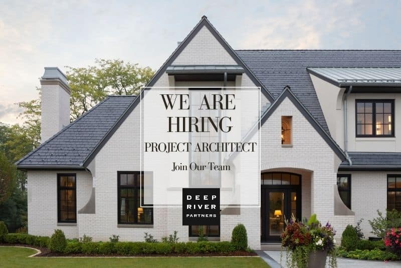 Modern, white brick house with text overlay for hiring
