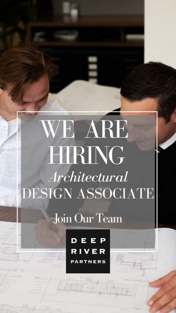 Two people reviewing architectural plans with text overlay for hiring