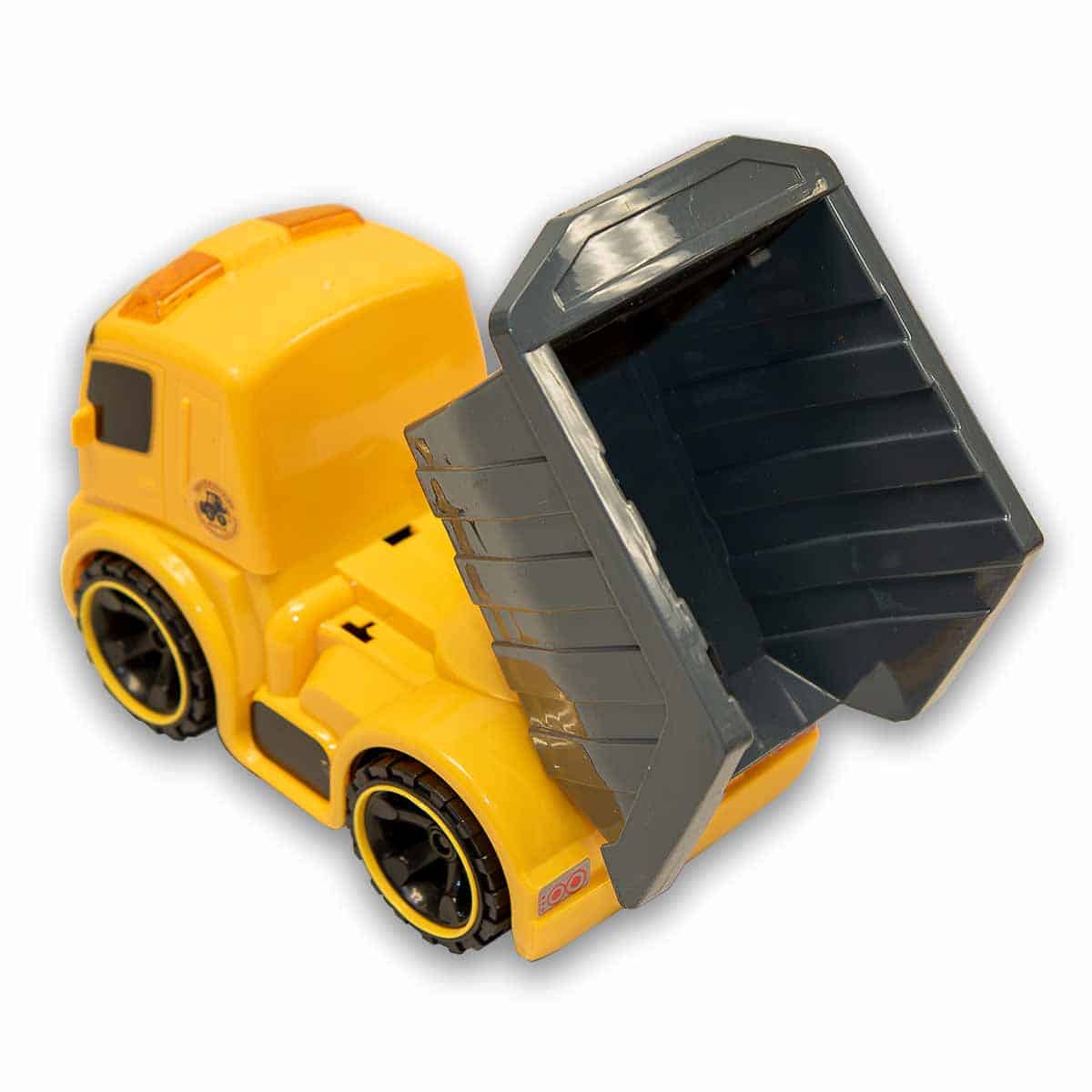 city construction yellow dump truck with a gray body facing rear