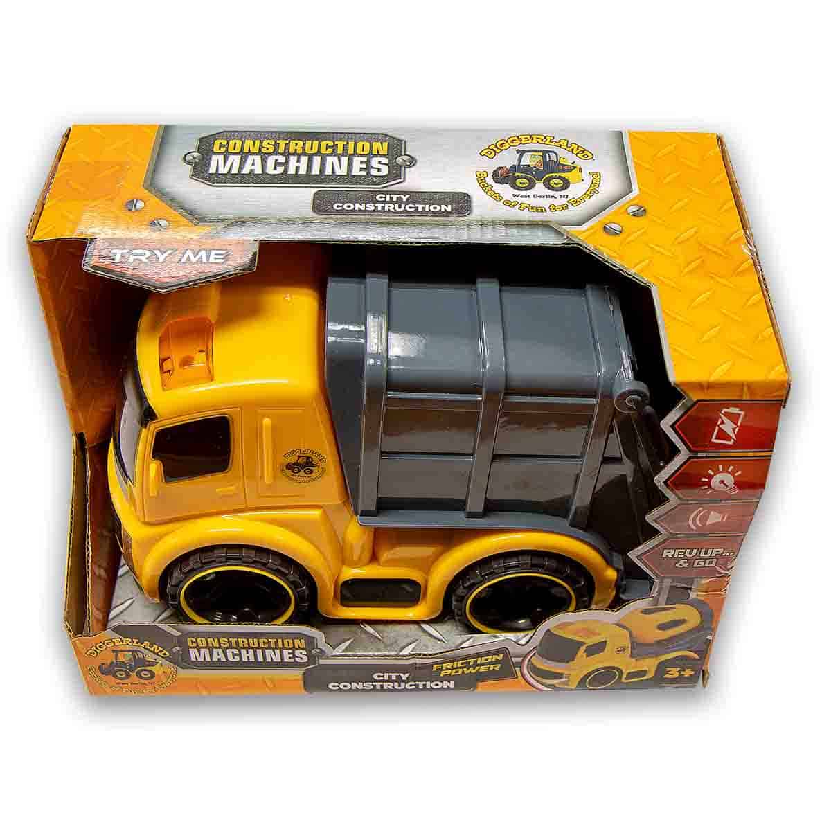 city construction yellow trash truck with gray bed in a package